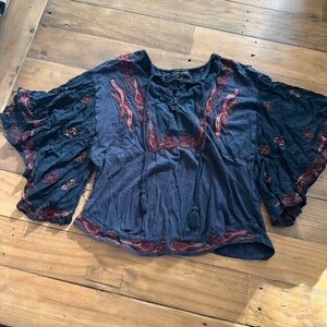Lucky Brand XS Navy Blouse with Red Embroidery